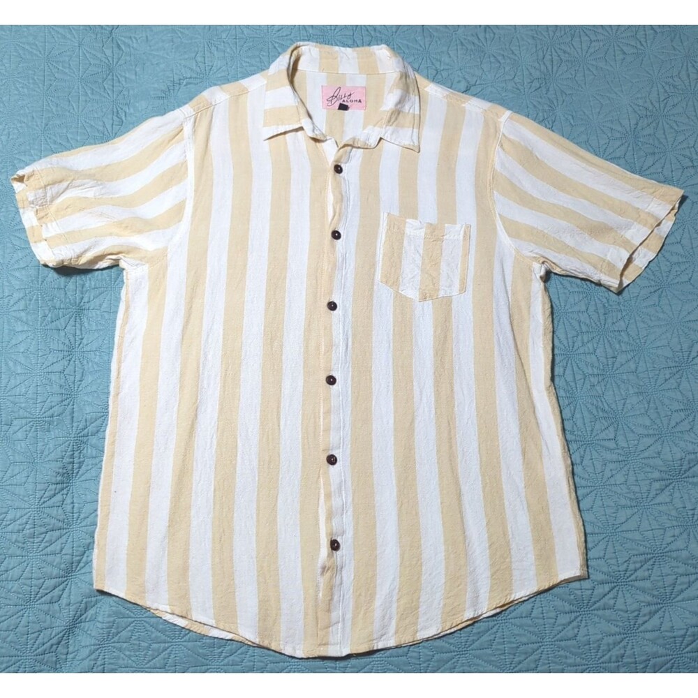 Billy Aloha Short Sleeve Rayon/Linen Striped Button-Up XXL Off White Tan USA
